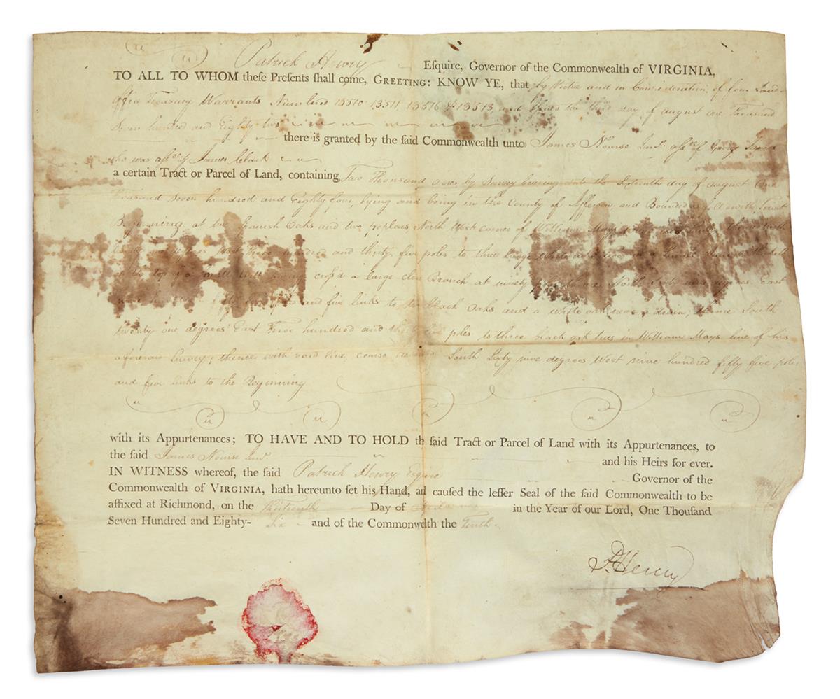 PATRICK HENRY. Partly-printed vellum Document Signed, P. Henry, as Governor, land deed granting 2,000 acres in...